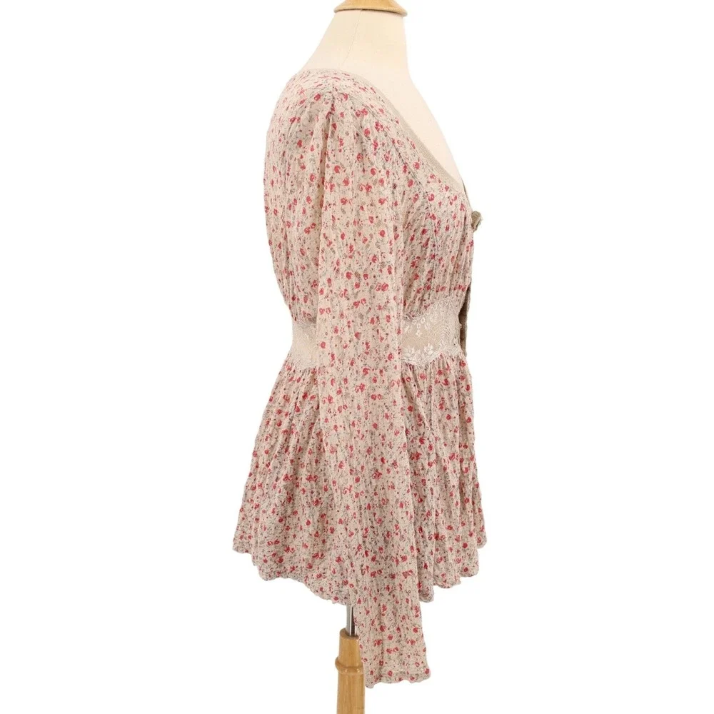 Free People Tunic Small Lace Knit snap‎ up long sleeve boho grunge Cottagecore